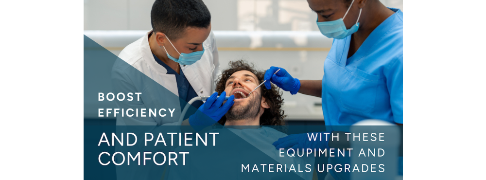 Graphic with text and depicting dentist is drilling patient's tooth and healing caries while the assistant looks on.