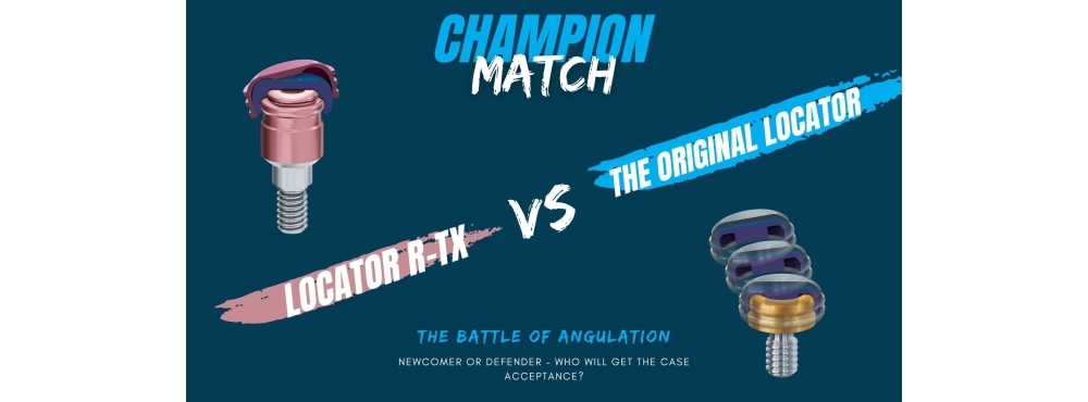 Boxing-style match graphic with the pink R-Tx abutment and the original gold LOCATOR abutment.