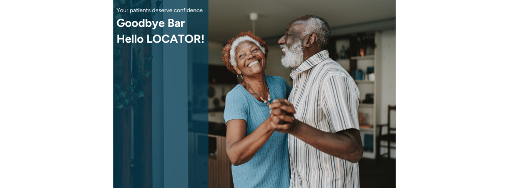 Two happy denture patients dancing together with a graphic and text on the left.