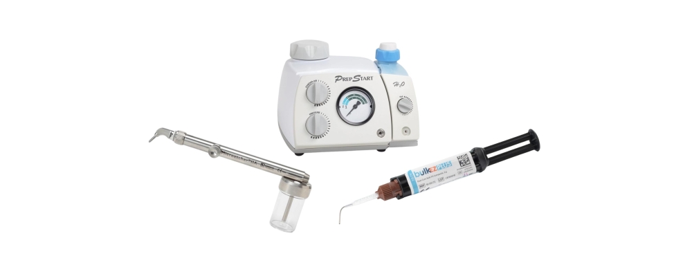 Image showcasing three products from Zest Dental Solutions including PrepStart H2O, Micro Etcher 2A, and Bulk EZ Plus. 