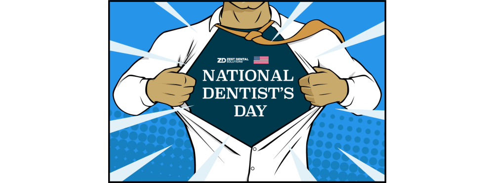 Comic-book style graphic of a man wearing a tie and white shirt that is unbuttoned to reveal text that reads: “National Dentist’s Day.”